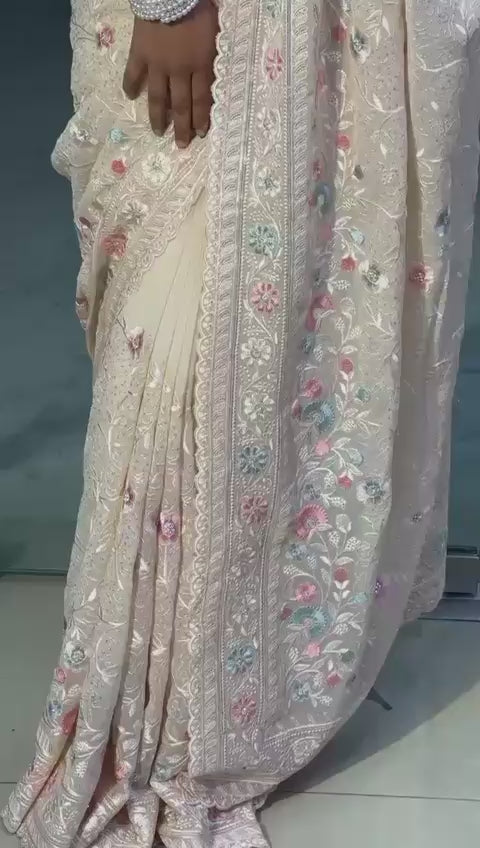 Aafreen Pastel Garden Chikankari Saree