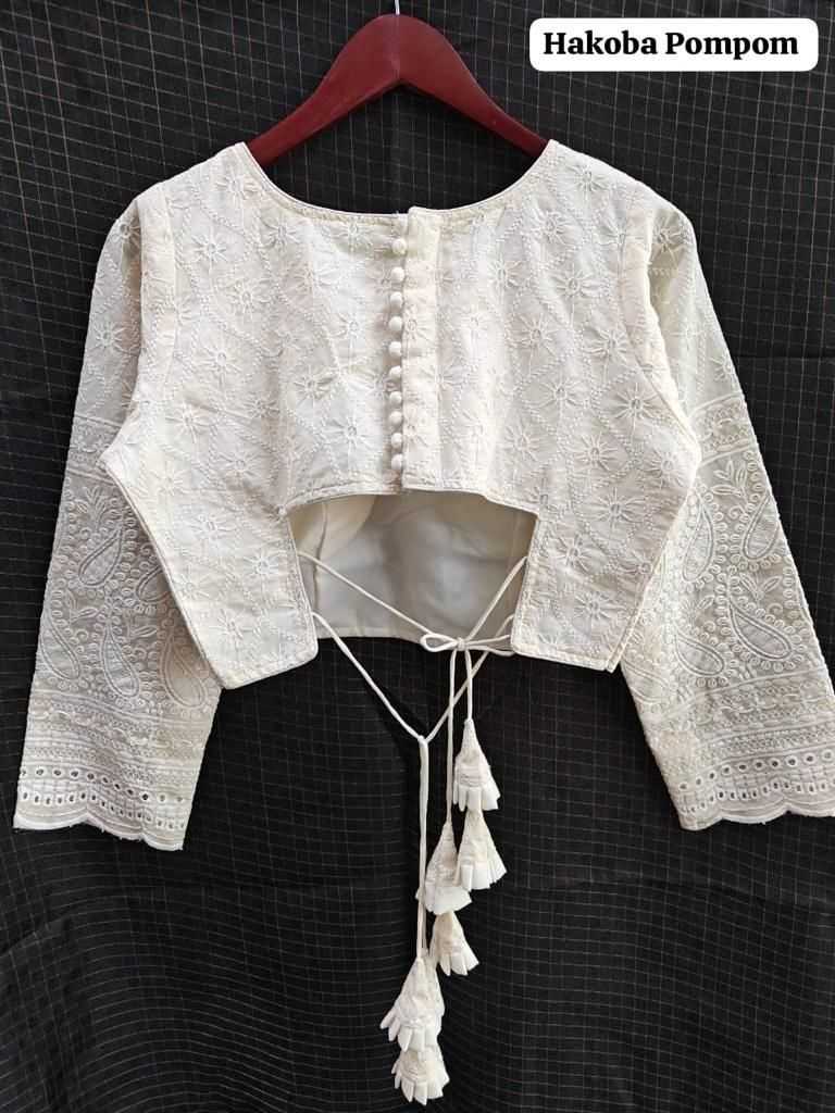 White Hakoba Cotton Full Sleeve Blouse – Handcrafted Elegance for Everyday & Festive Wear