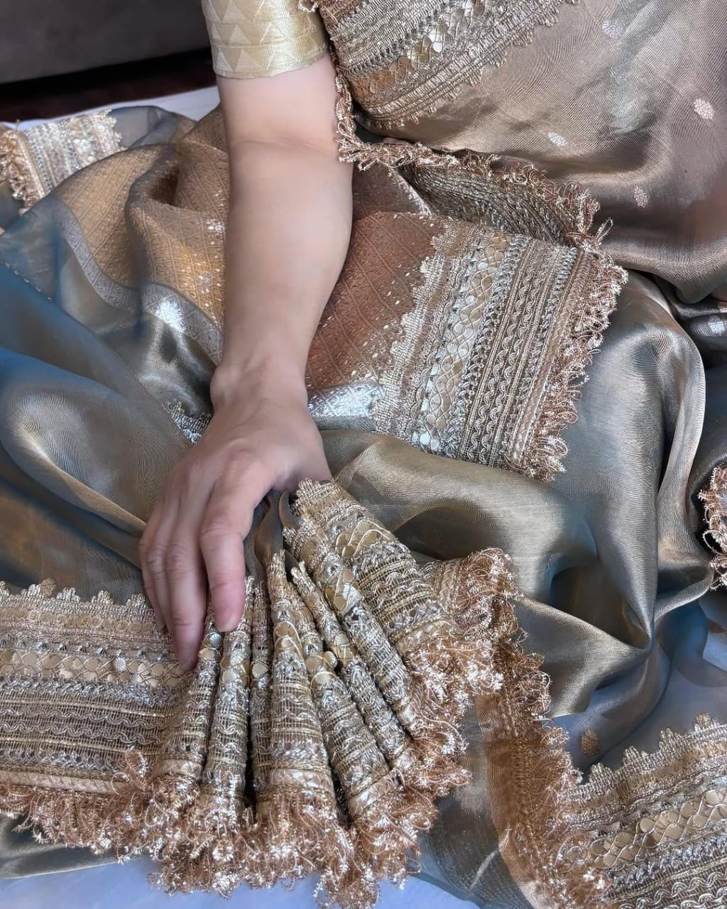 Premium Grey Banarasi Tissue Silk Saree with Zari Border | Exclusive Festive & Wedding Collection