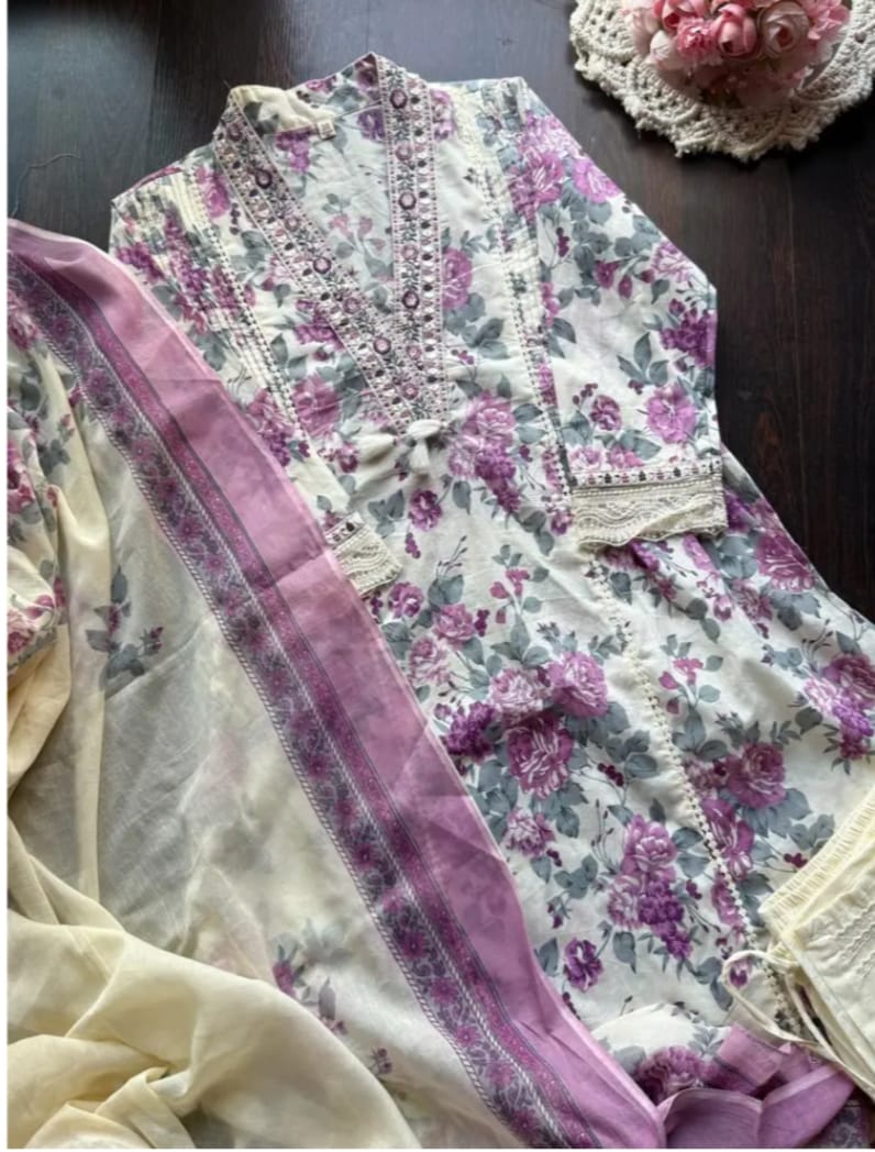 Lavender Bloom Handcrafted Cotton Suit Set