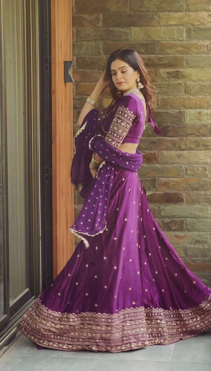 Soocha Satin Silk Lehenga Set with Sequin & Thread Work | Semi-Stitched