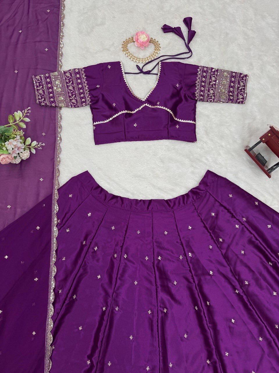 Soocha Satin Silk Lehenga Set with Sequin & Thread Work | Semi-Stitched