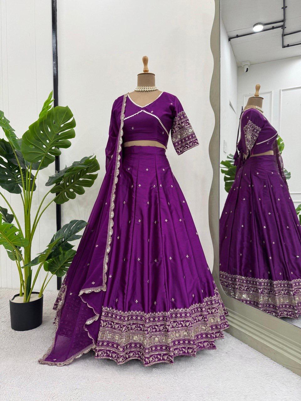Soocha Satin Silk Lehenga Set with Sequin & Thread Work | Semi-Stitched
