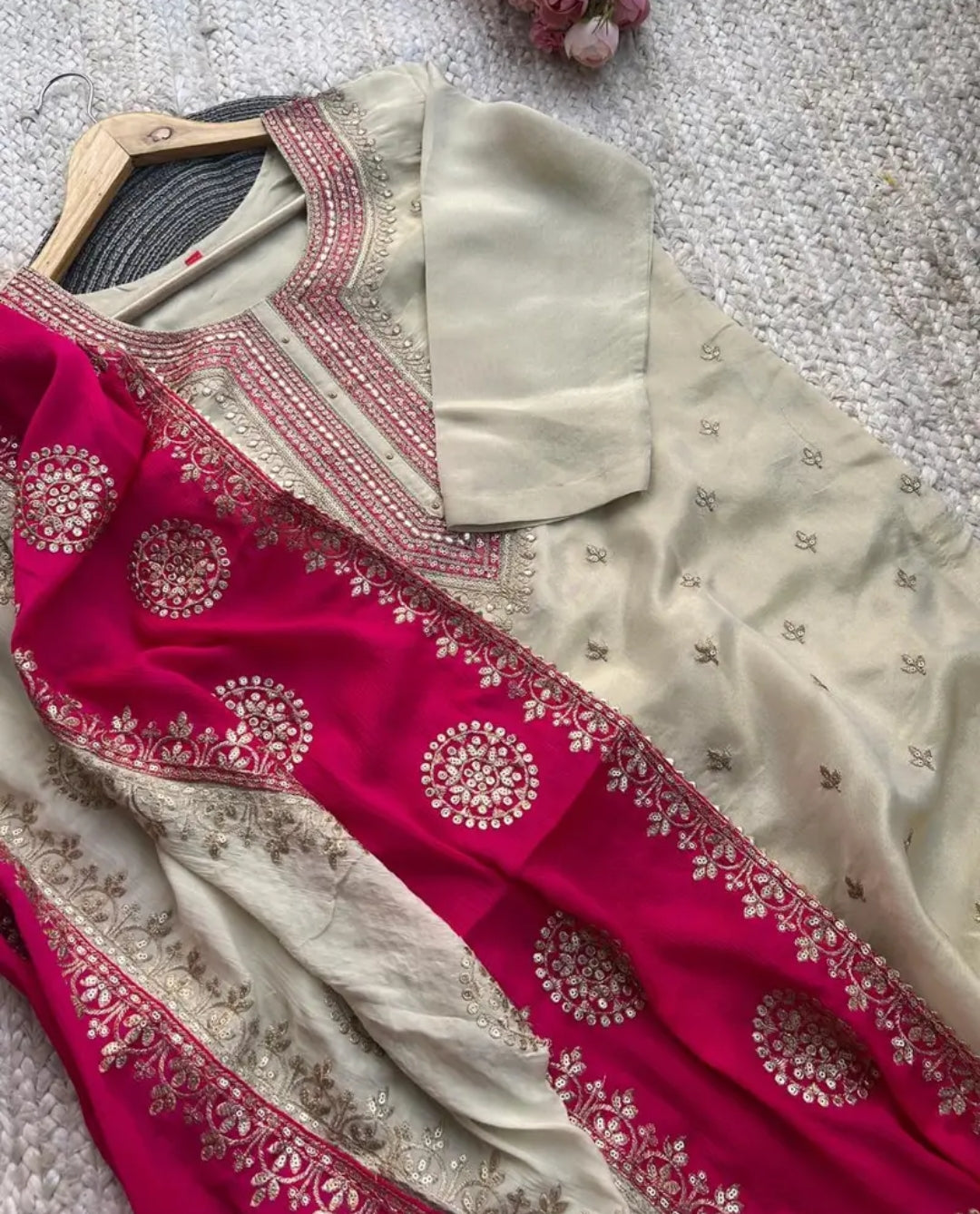Zehra Handcrafted Ivory Tissue Silk Suit Set with Fuchsia Dupatta