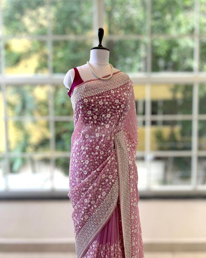 Zehra Mirror Work Chikankari Saree- PINK & Purple GREY