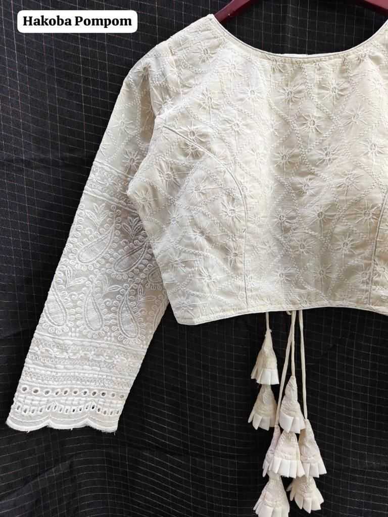 White Hakoba Cotton Full Sleeve Blouse – Handcrafted Elegance for Everyday & Festive Wear