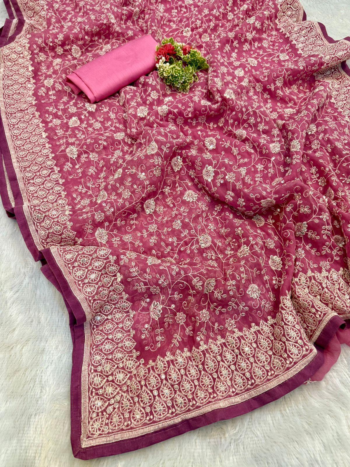 Zehra Mirror Work Chikankari Saree- PINK & Purple GREY