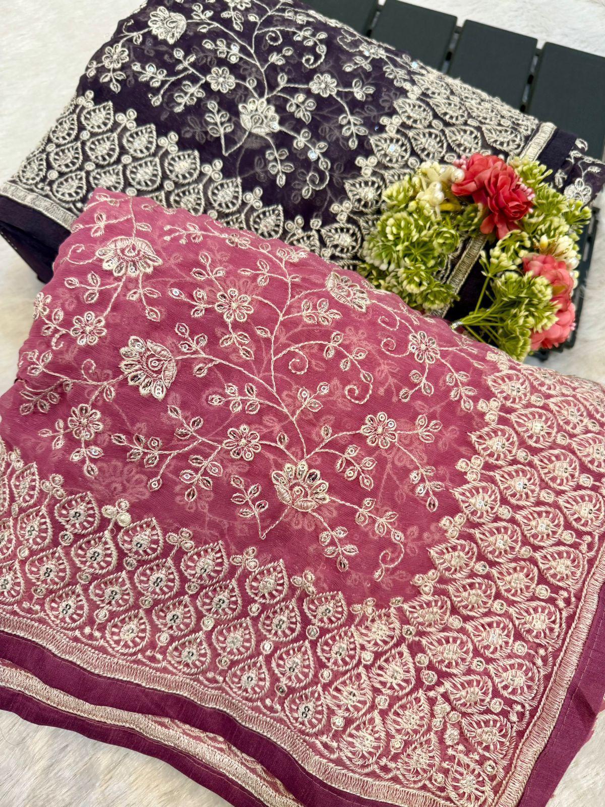 Zehra Mirror Work Chikankari Saree- PINK & Purple GREY