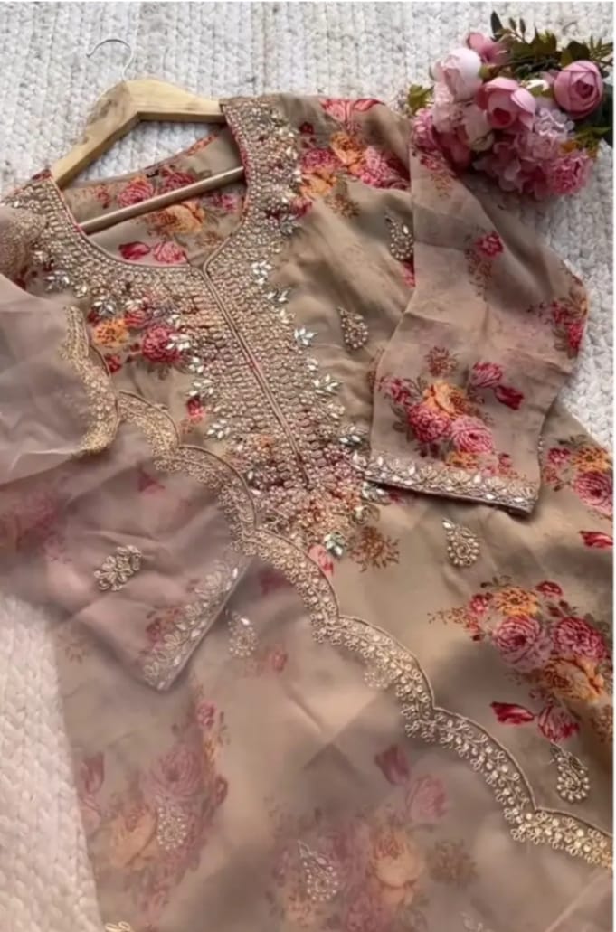 Noor Beige Floral Embroidered Organza Suit Set