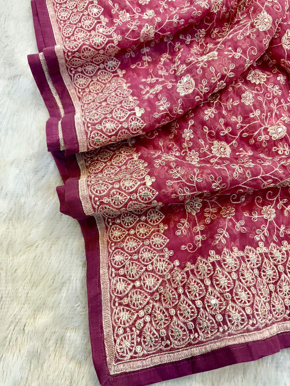 Zehra Mirror Work Chikankari Saree- PINK & Purple GREY