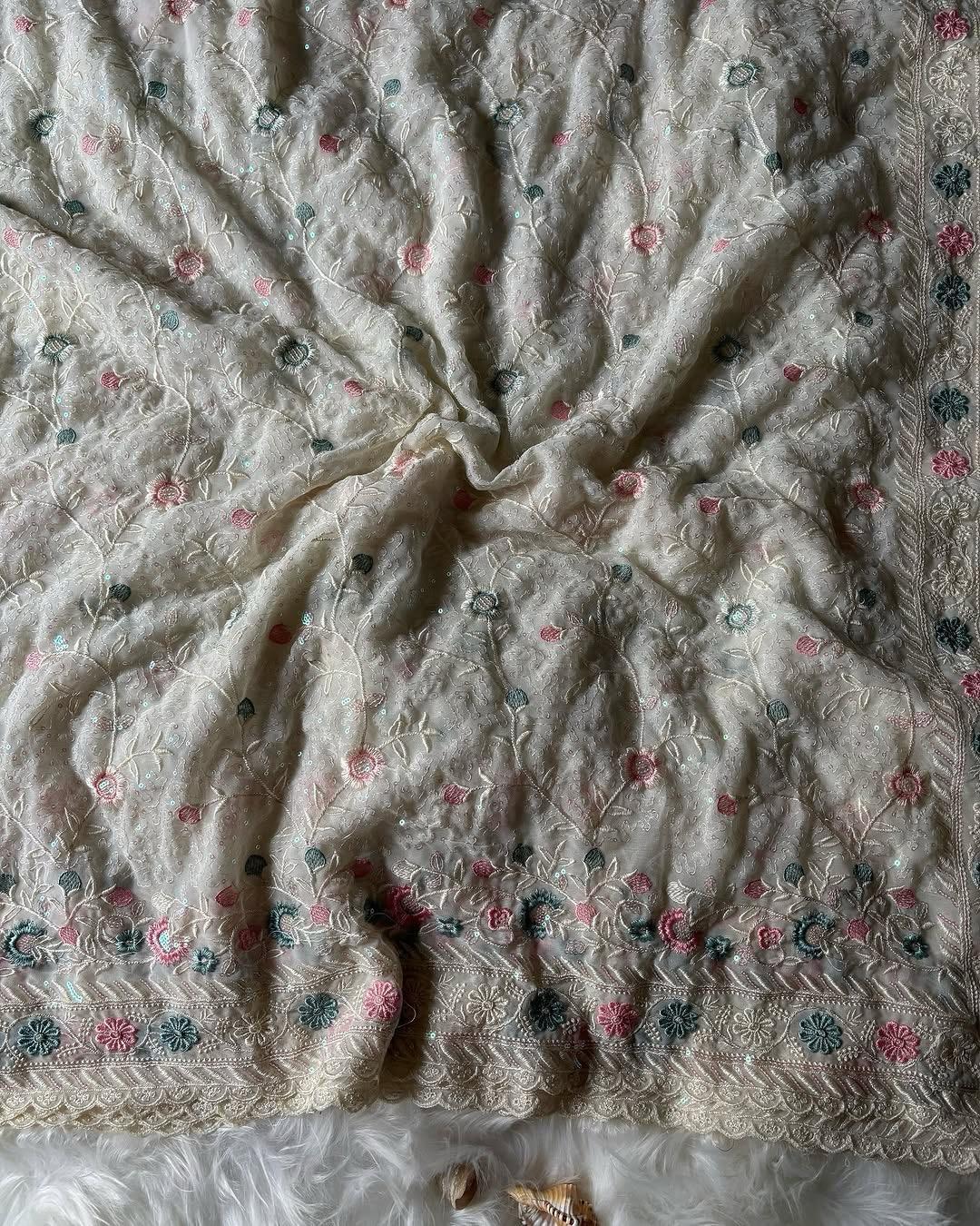 Aafreen Pastel Garden Chikankari Saree