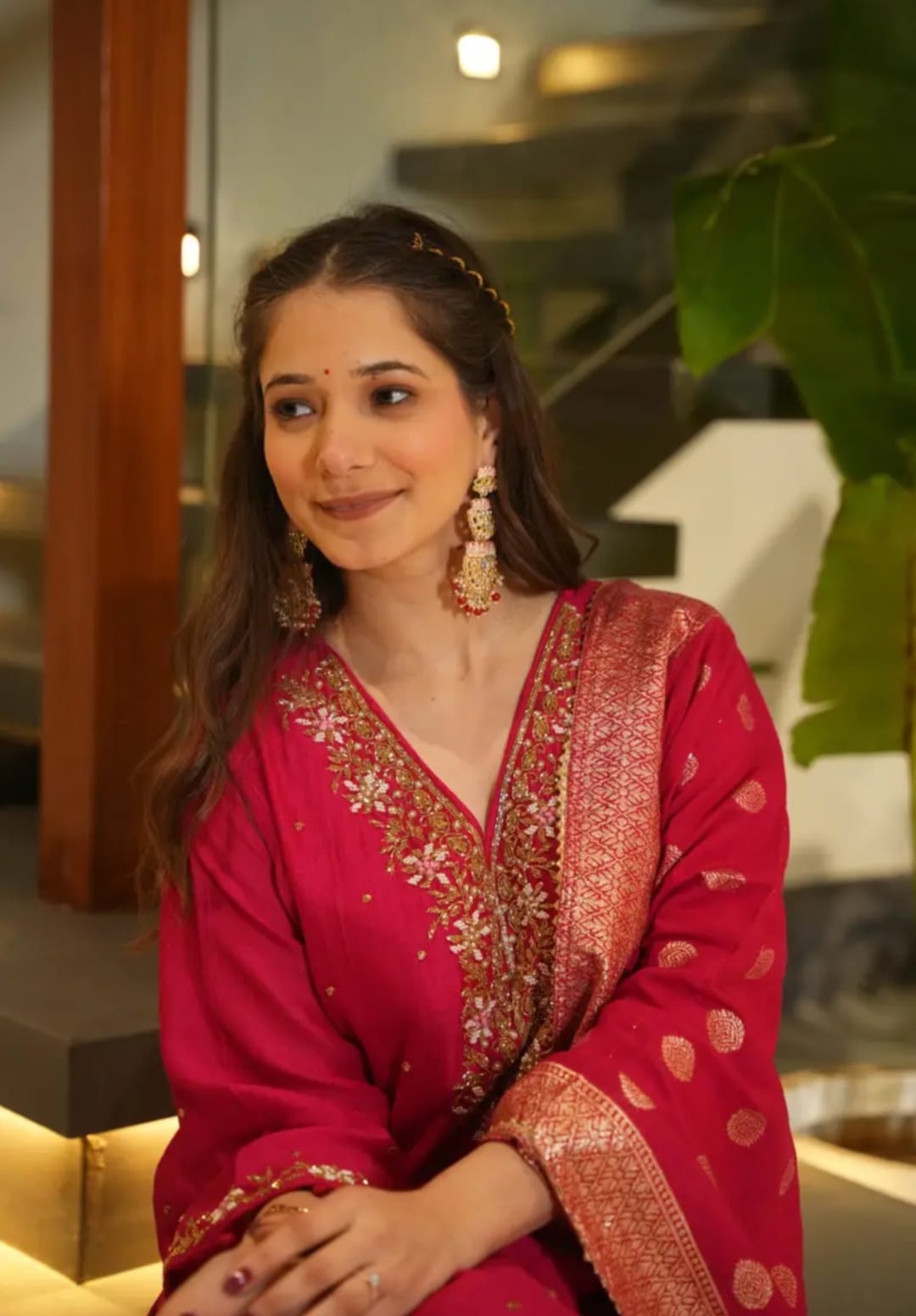 Noor Handcrafted Dola Silk Suit Set in Crimson Rose