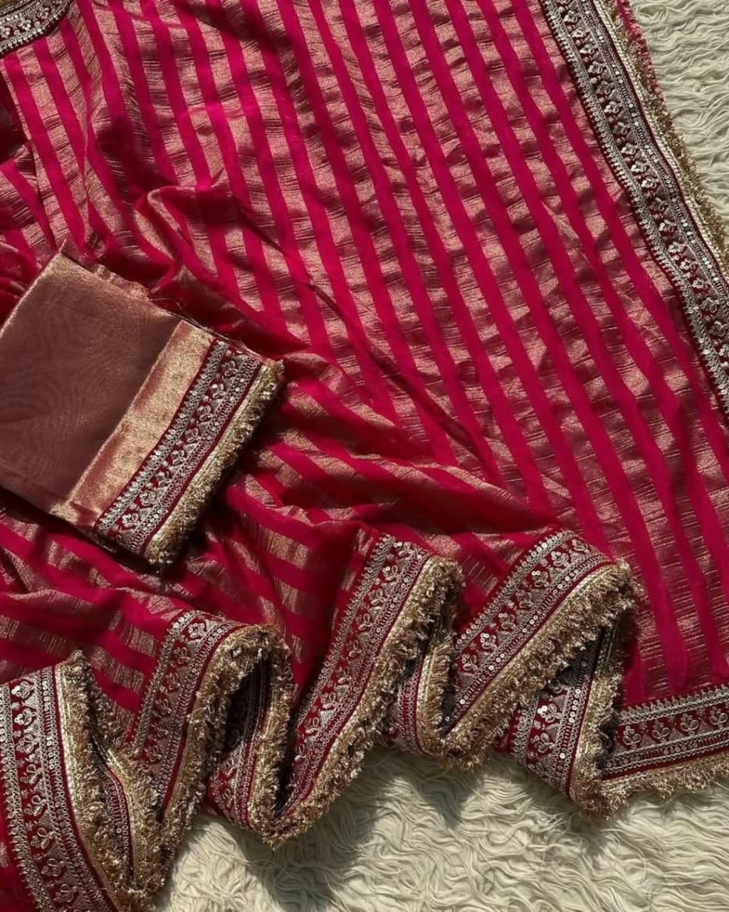 Riwayat Banarasi Organza Tissue Silk Saree – Premium Wine Red Saree with Lace Border