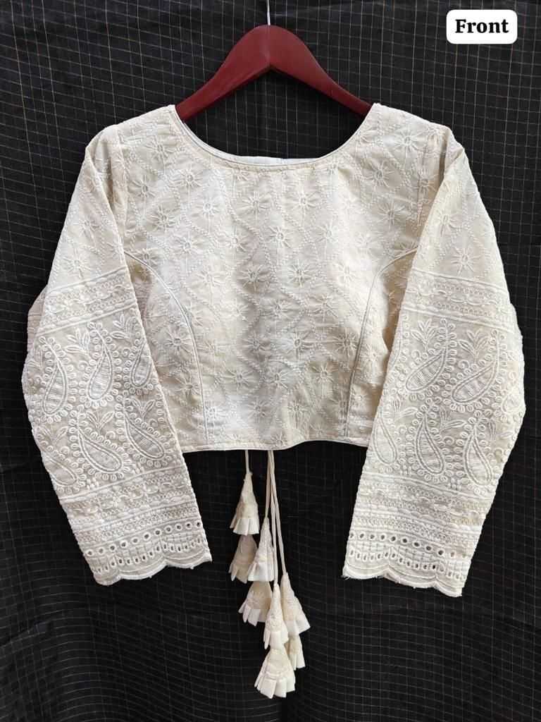 White Hakoba Cotton Full Sleeve Blouse – Handcrafted Elegance for Everyday & Festive Wear