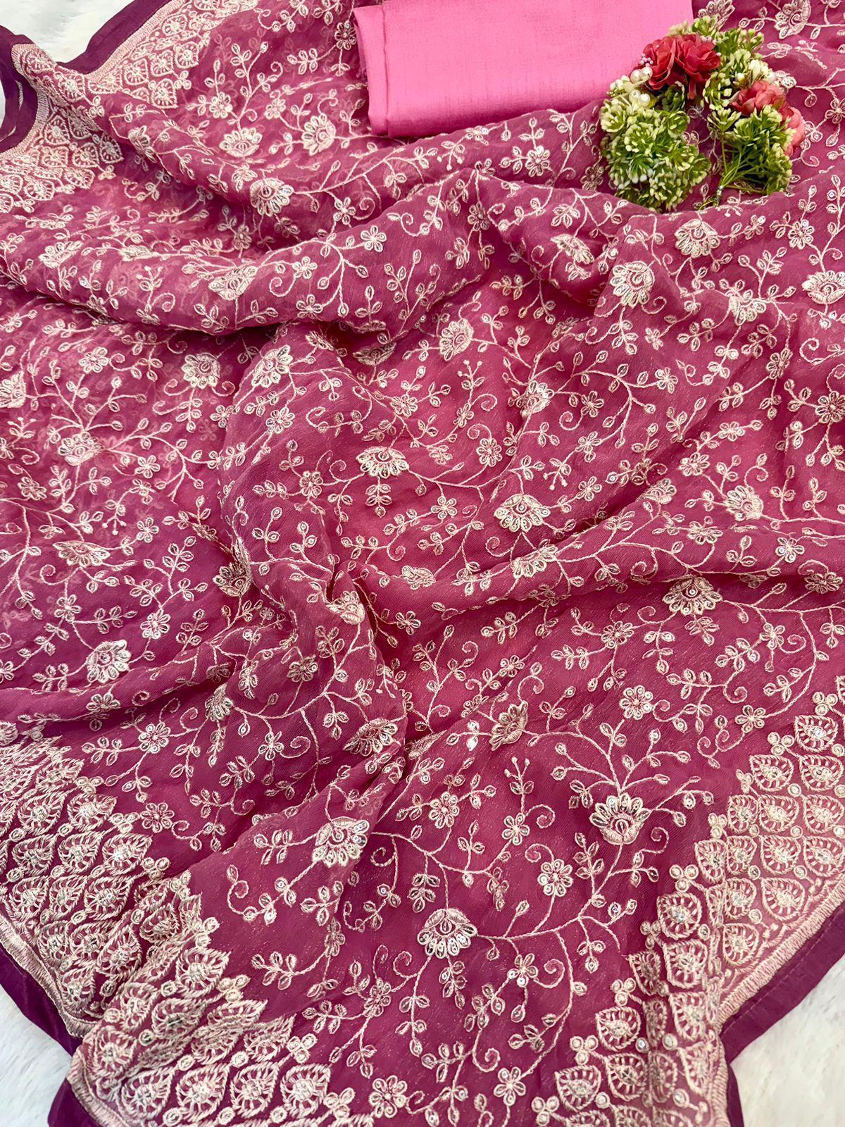 Zehra Mirror Work Chikankari Saree- PINK & Purple GREY