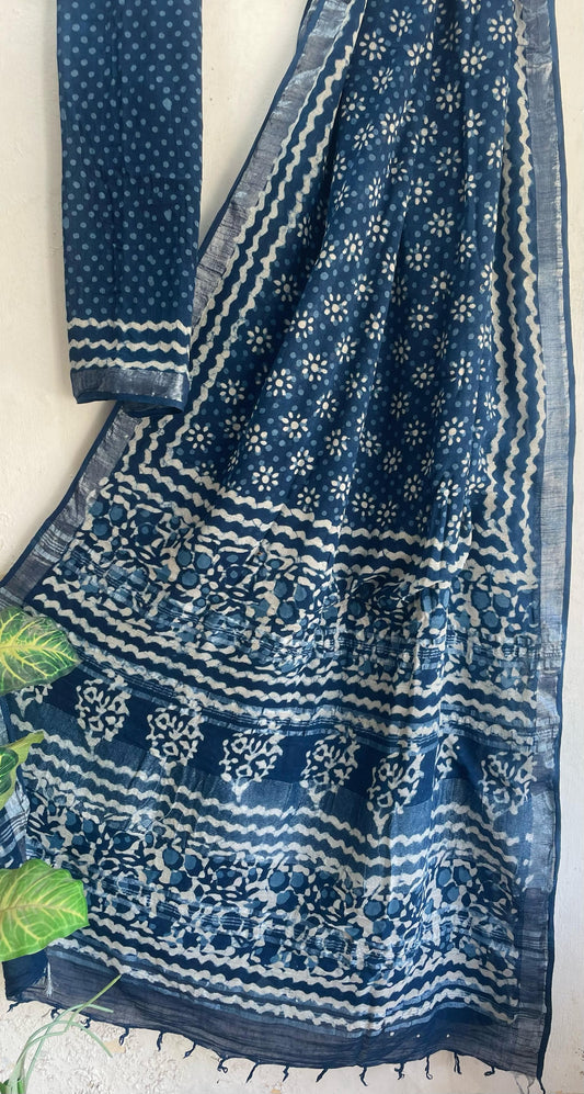 Indigo Mul Cotton Bagru Handblock Printed Saree – Naturally Dyed & Handcrafted