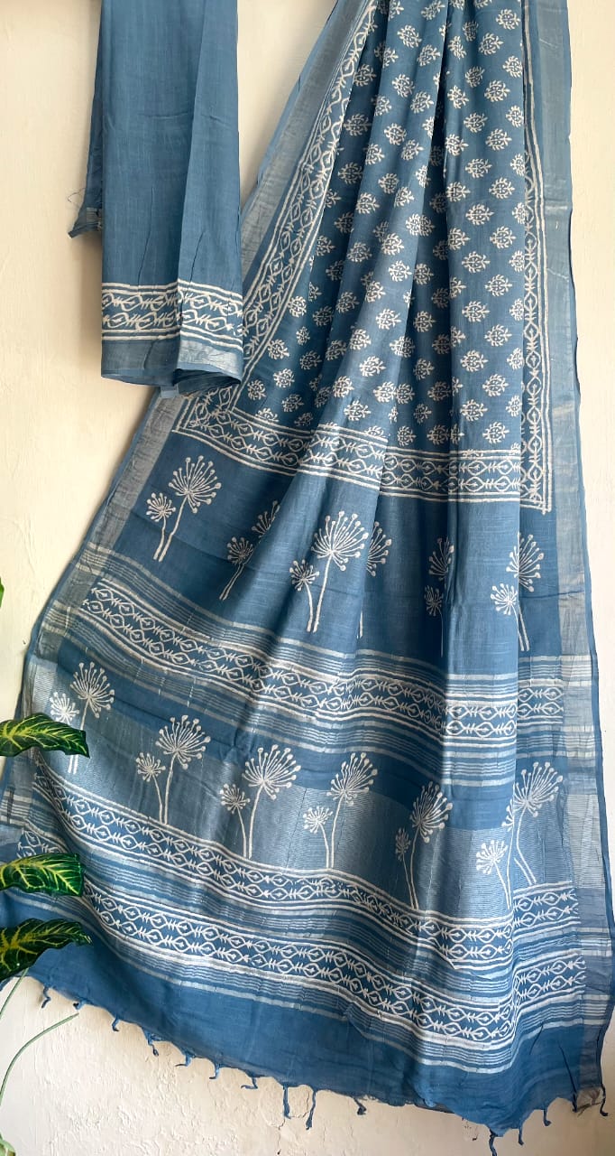 Indigo Mul Cotton Bagru Handblock Printed Saree – Naturally Dyed & Handcrafted