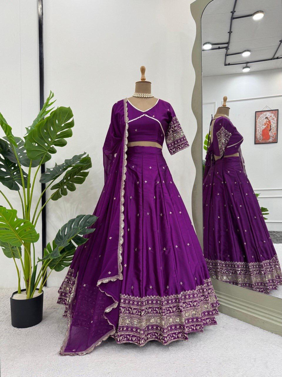 Soocha Satin Silk Lehenga Set with Sequin & Thread Work | Semi-Stitched
