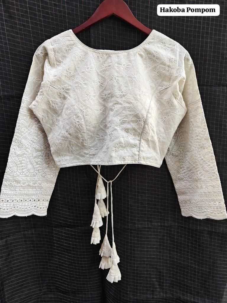 White Hakoba Cotton Full Sleeve Blouse – Handcrafted Elegance for Everyday & Festive Wear