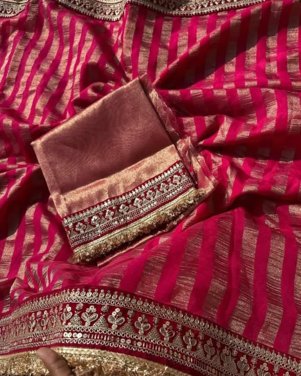 Riwayat Banarasi Organza Tissue Silk Saree – Premium Wine Red Saree with Lace Border
