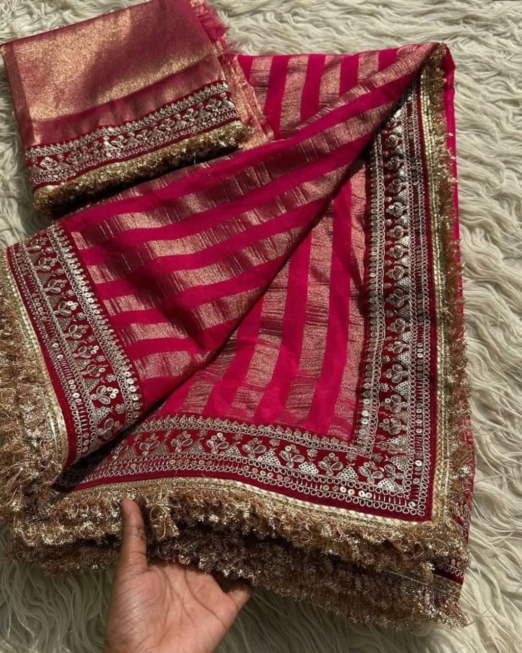 Riwayat Banarasi Organza Tissue Silk Saree – Premium Wine Red Saree with Lace Border