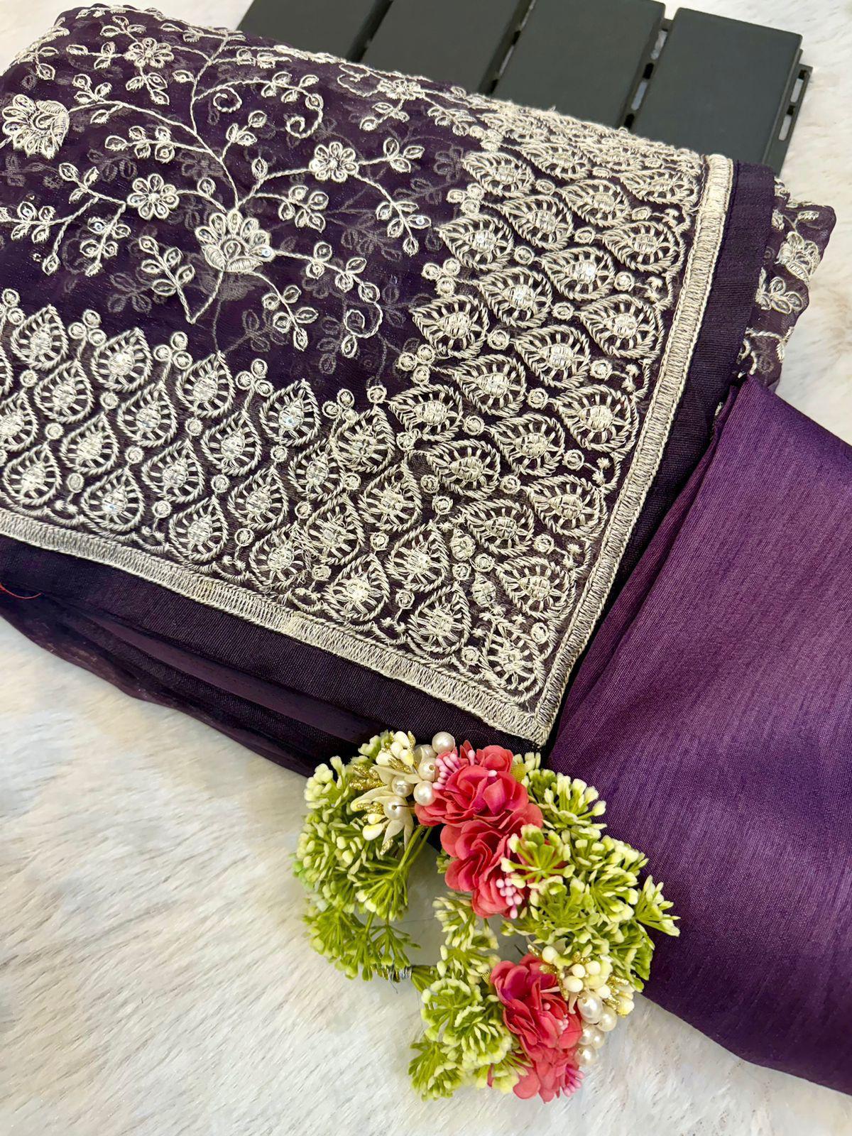Zehra Mirror Work Chikankari Saree- PINK & Purple GREY