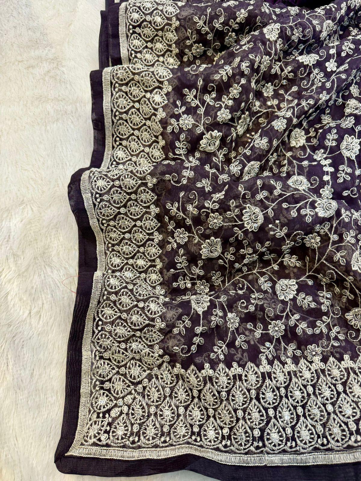 Zehra Mirror Work Chikankari Saree- PINK & Purple GREY