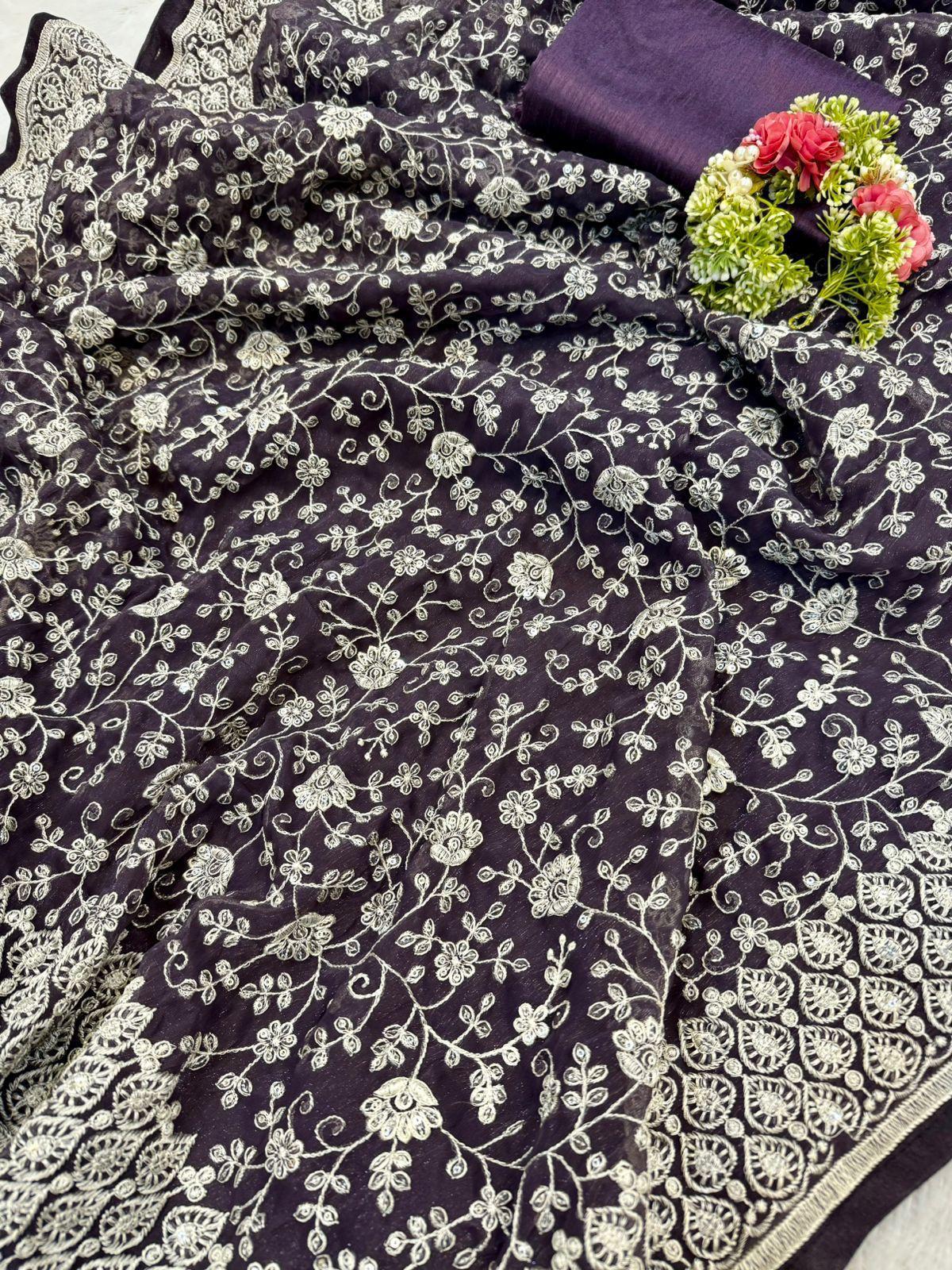 Zehra Mirror Work Chikankari Saree- PINK & Purple GREY