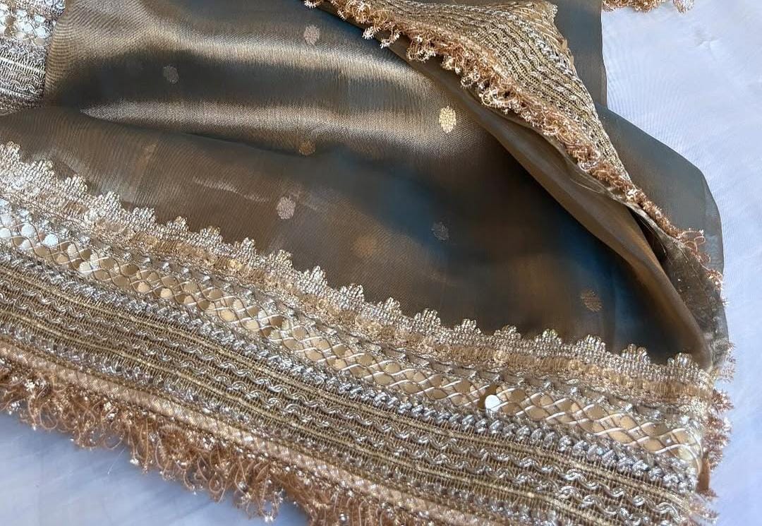 Premium Grey Banarasi Tissue Silk Saree with Zari Border | Exclusive Festive & Wedding Collection