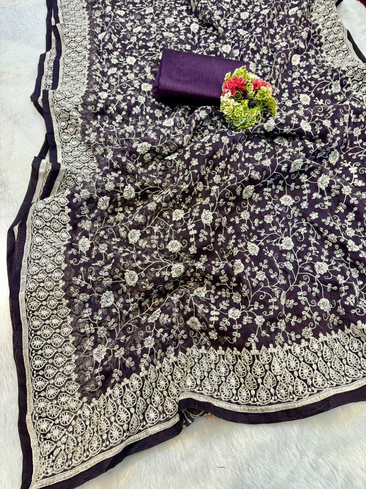 Zehra Mirror Work Chikankari Saree- PINK & Purple GREY