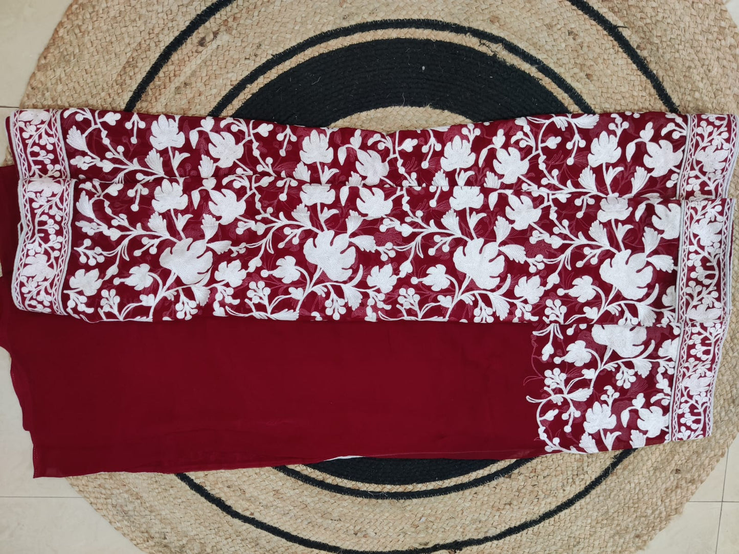 Elegant Kashmiri Aari Embroidery Saree – Chinar Leaf Motif in Subtle Red