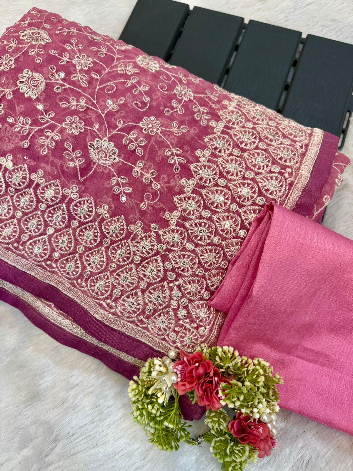 Zehra Mirror Work Chikankari Saree- PINK & Purple GREY