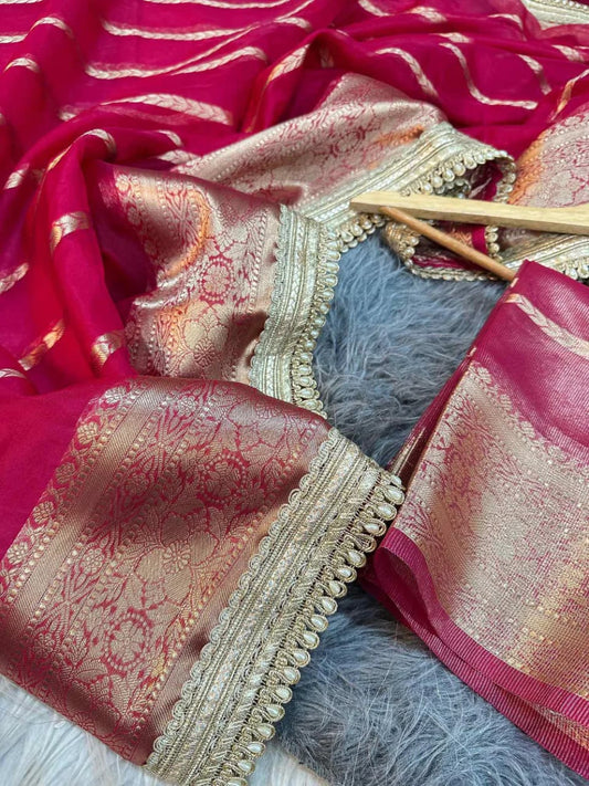 Crimson Zari Weave Banarasi Saree with lace border