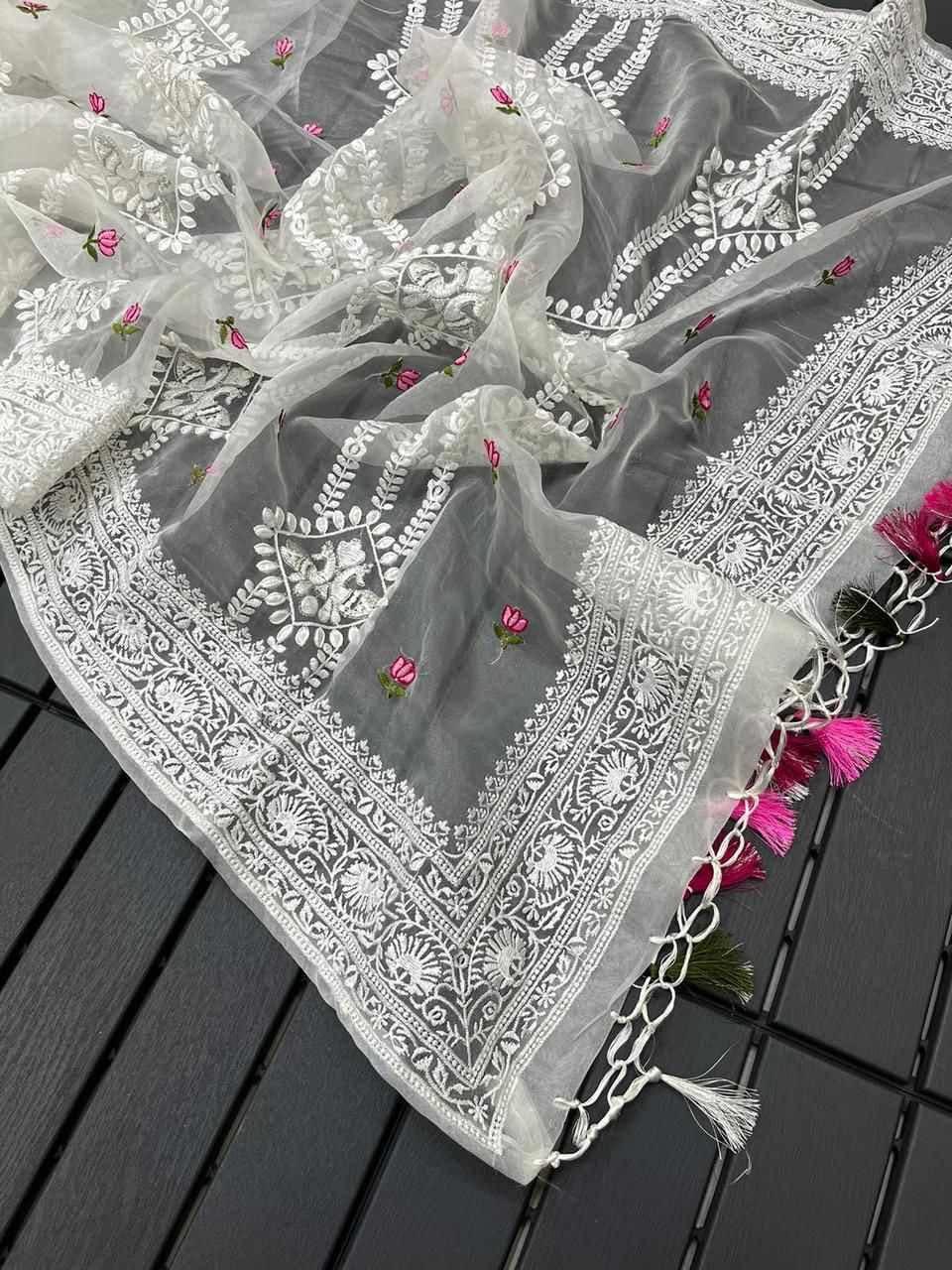 Gulnoor – Off-White Chikankari Silk Organza Saree with Tassels & Contrast Blouse