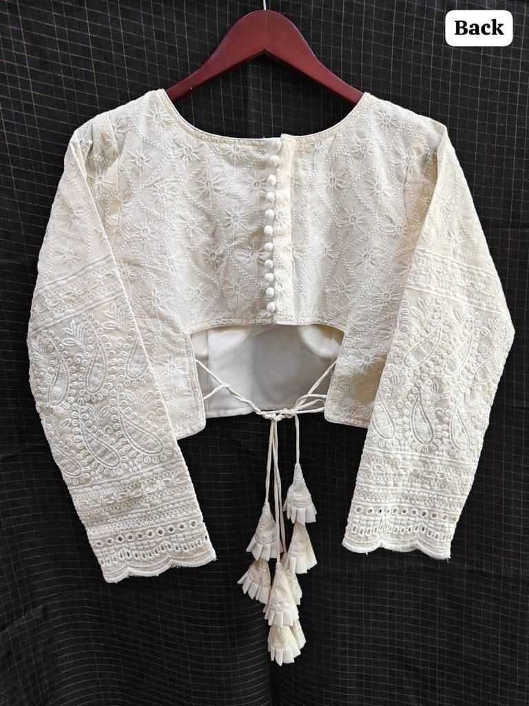White Hakoba Cotton Full Sleeve Blouse – Handcrafted Elegance for Everyday & Festive Wear
