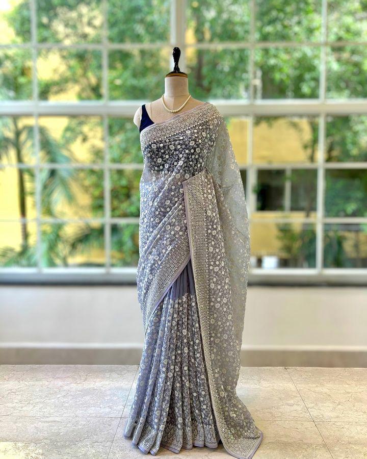 Zehra Mirror Work Chikankari Saree- PINK & Purple GREY
