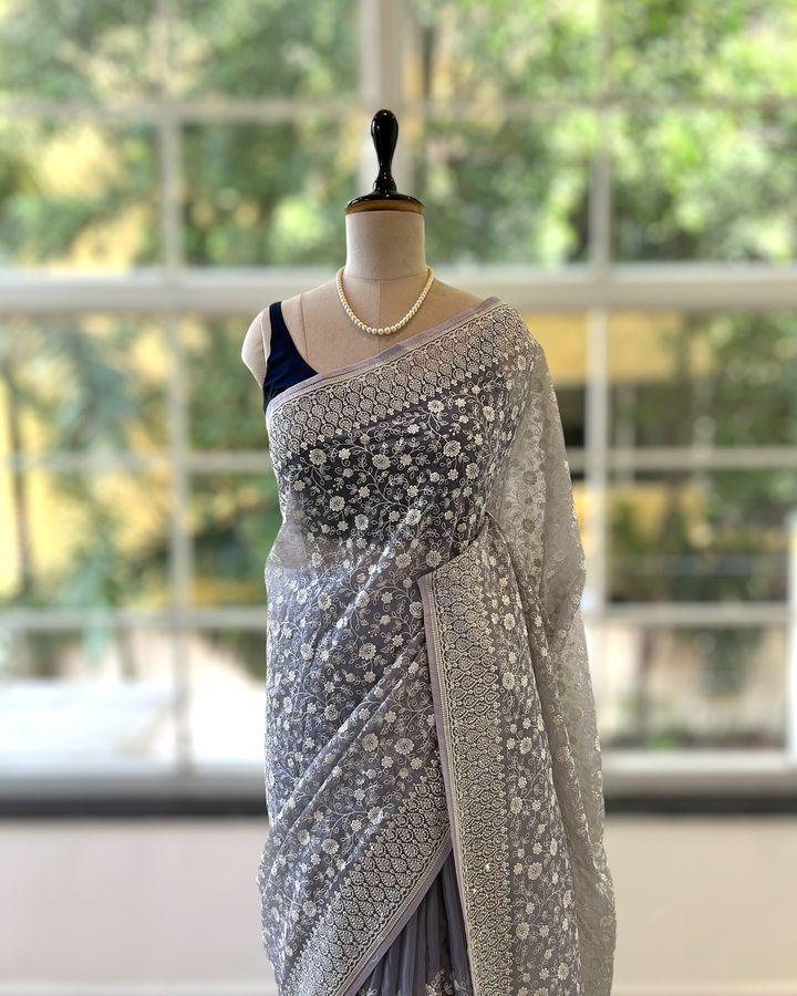 Zehra Mirror Work Chikankari Saree- PINK & Purple GREY