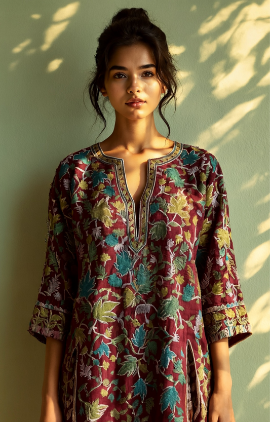 Chinar Charm Kurti – Handcrafted Aari Embroidery by Kashmiri Artisans | Elegant Ethnic Wear | #VocalForLocal