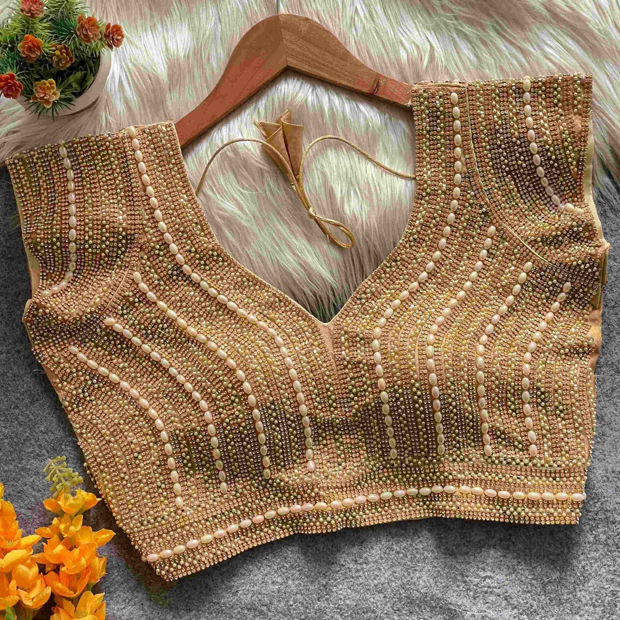 Zariya Hand-Beaded Pearl Blouse (short-sleeve)
