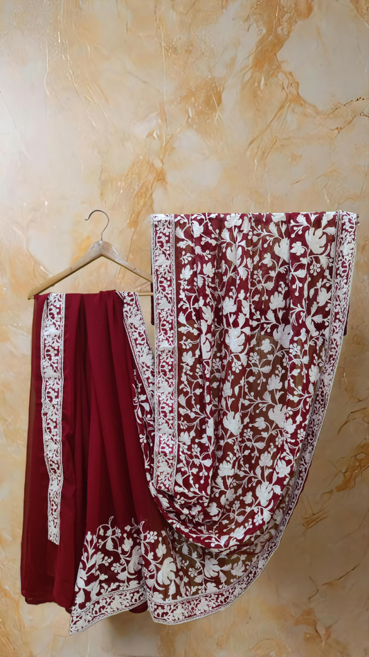 Elegant Kashmiri Aari Embroidery Saree – Chinar Leaf Motif in Subtle Red