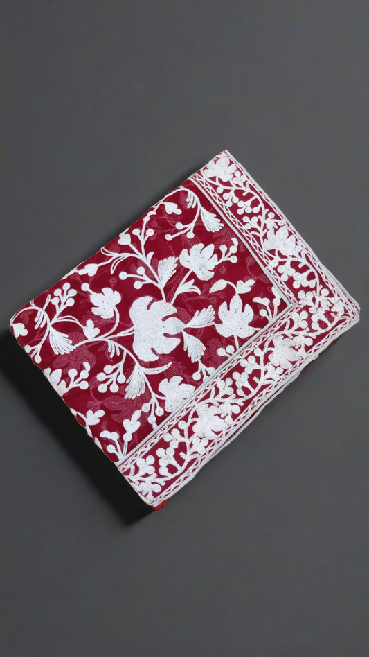 Elegant Kashmiri Aari Embroidery Saree – Chinar Leaf Motif in Subtle Red