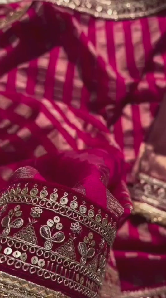 Riwayat Banarasi Organza Tissue Silk Saree – Premium Wine Red Saree with Lace Border