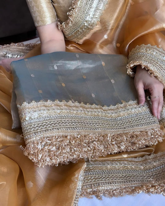 Premium Grey Banarasi Tissue Silk Saree with Zari Border | Exclusive Festive & Wedding Collection