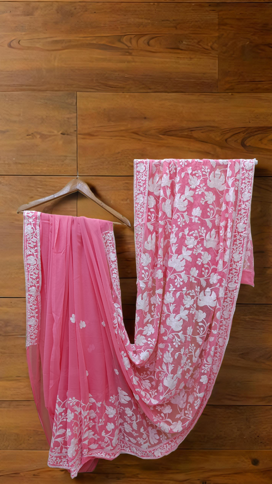 Elegant Kashmiri Aari Embroidery Saree – Chinar Leaf Motif in Subtle Pink