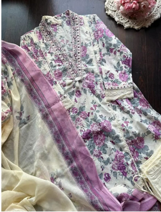 Lavender Bloom Handcrafted Cotton Suit Set