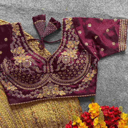 Magenta Zari Embroidered Raw Silk Blouse with Floral Handwork