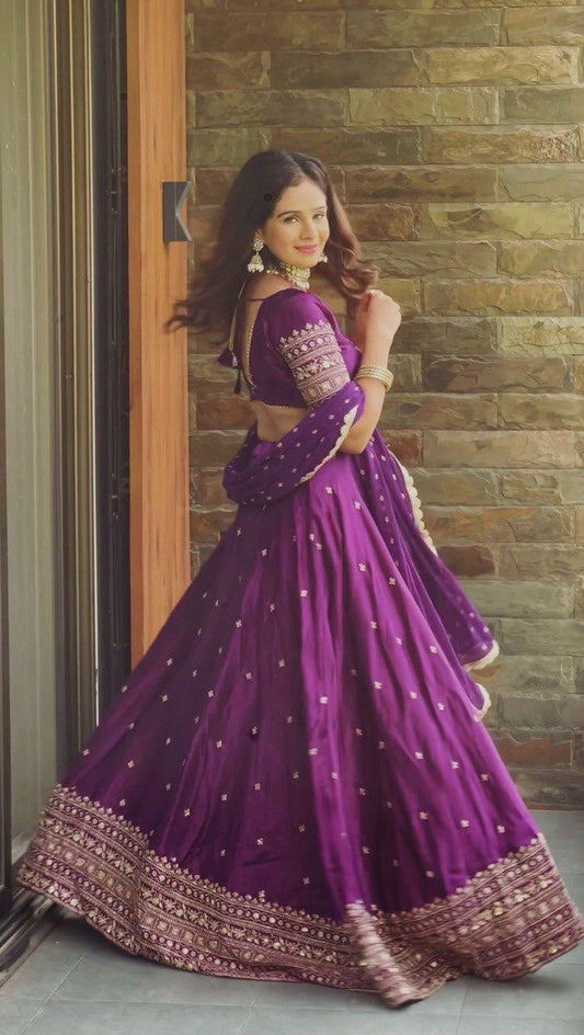 Soocha Satin Silk Lehenga Set with Sequin & Thread Work | Semi-Stitched