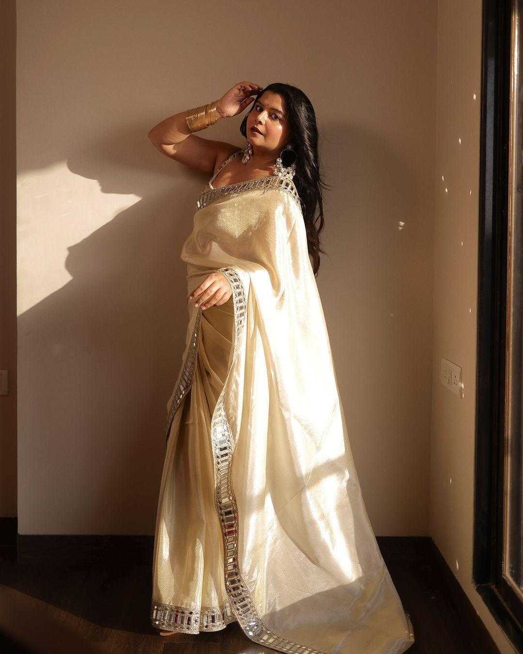 Noor Beige | 2-Min Ready-to-Wear Satin Saree with Mirror Work & Stitched Blouse
