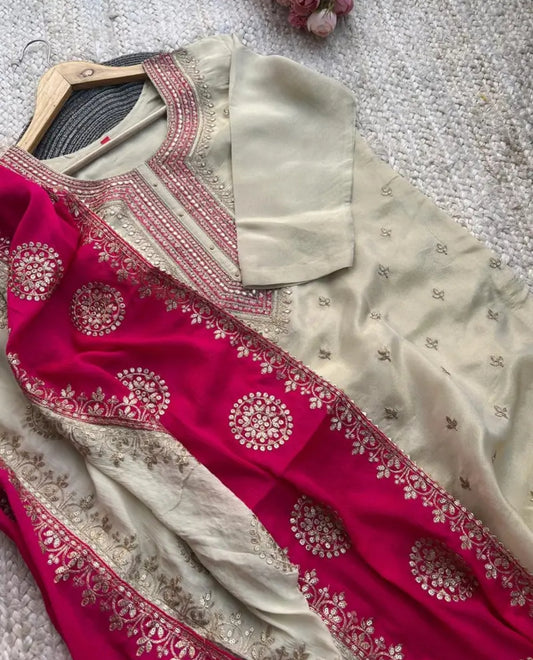 Zehra Handcrafted Ivory Tissue Silk Suit Set with Fuchsia Dupatta