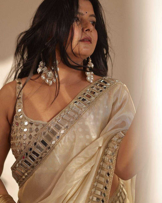 Noor Beige | 2-Min Ready-to-Wear Satin Saree with Mirror Work & Stitched Blouse